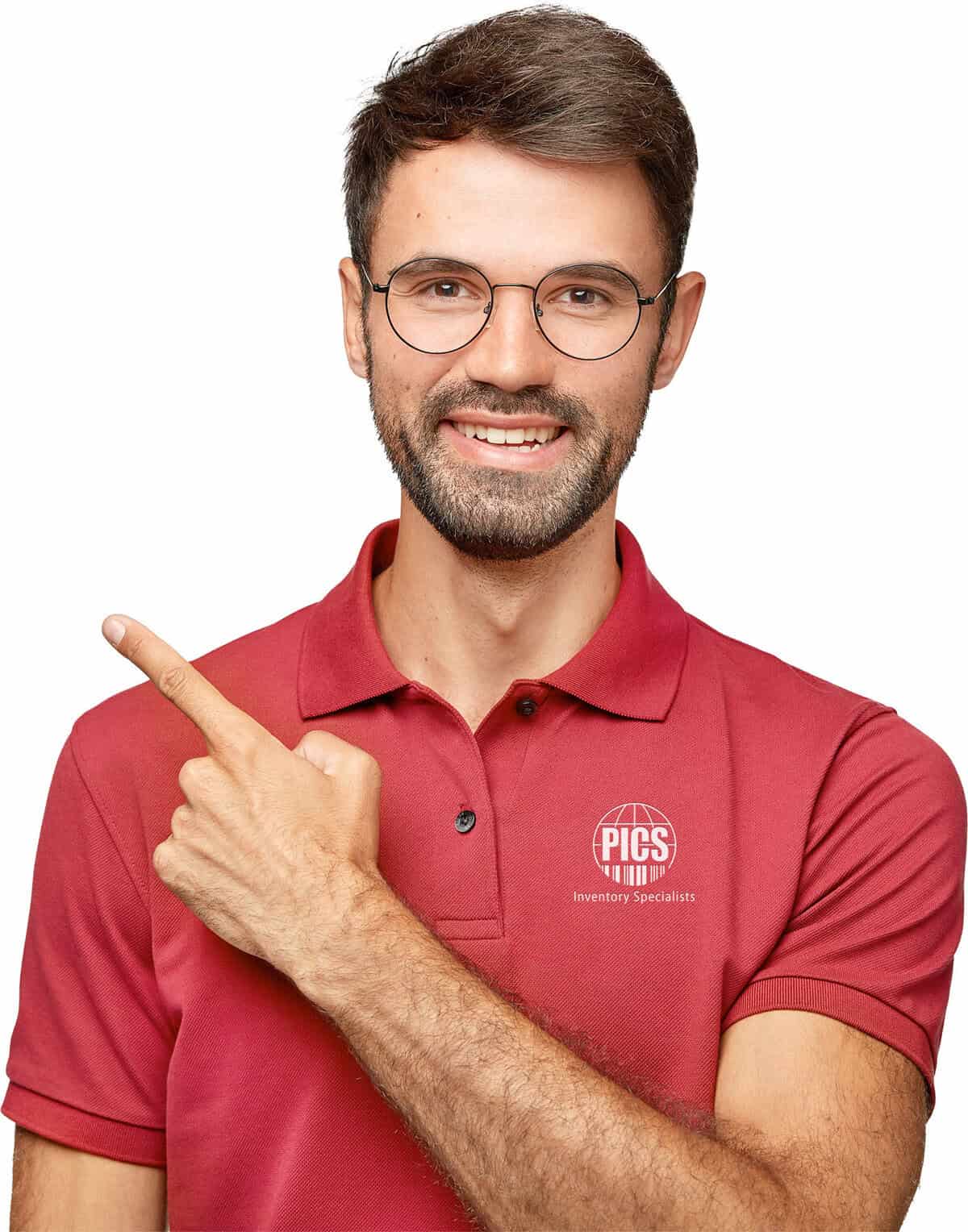 Man in red polo shirt pointing to the PICS logo, representing inventory specialists and asset management services.