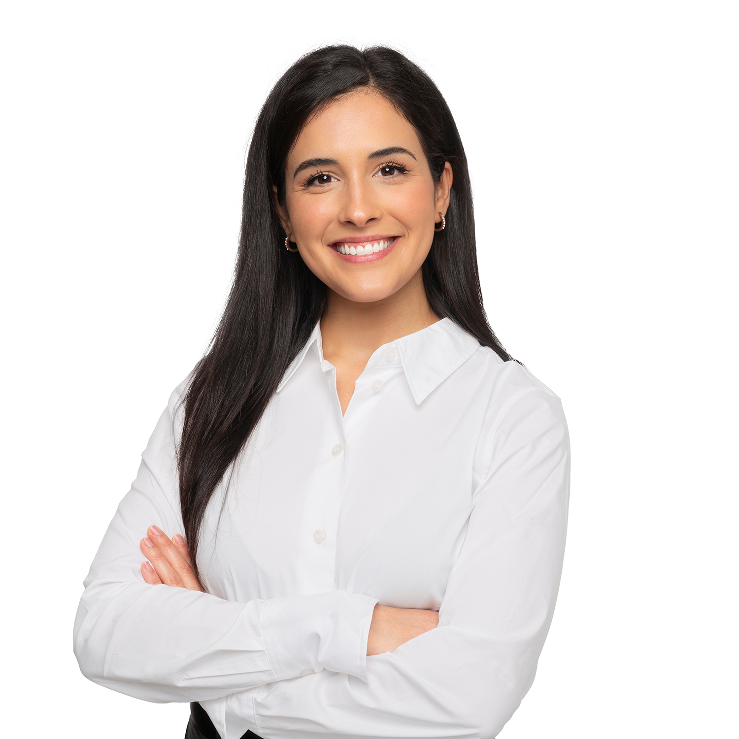 Professional woman smiling with arms crossed, dressed in a white blouse, representing inventory specialists and professional services offered by PICS | Inventory Specialists.
